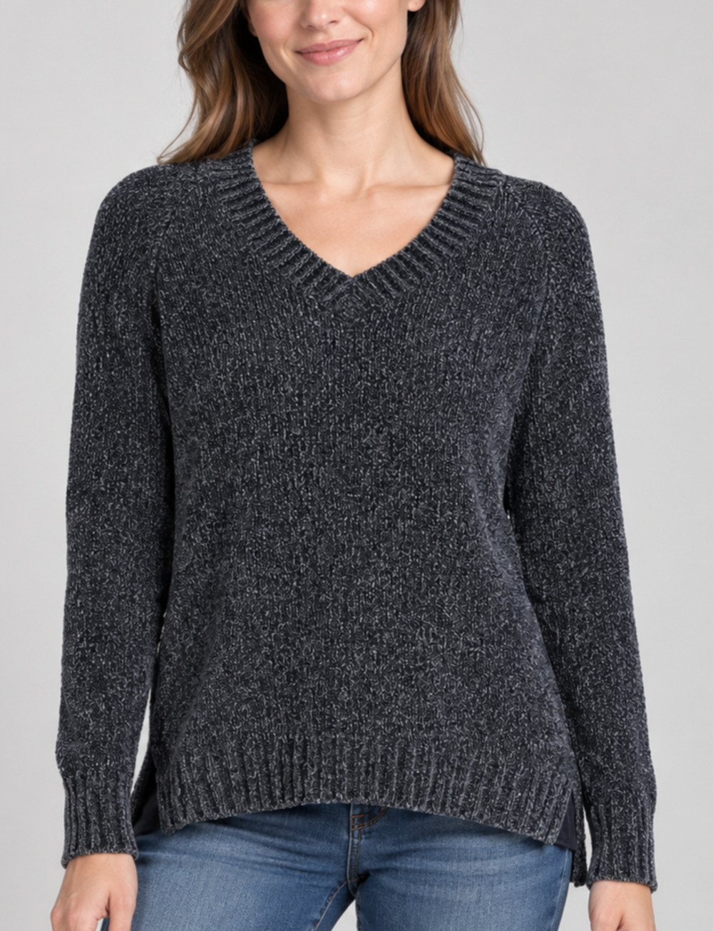 Orvis Chenille Sweater Womens M Blue Gray Marled V Neck Tunic Cozy Casual Comfy